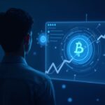 Photorealistic person watches a glowing Callouts token on a fintech screen with rising liquidity arrows and a verified badge in a blue neon crypto scene.