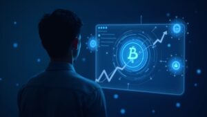 Photorealistic person watches a glowing Callouts token on a fintech screen with rising liquidity arrows and a verified badge in a blue neon crypto scene.