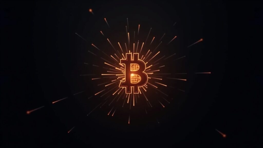 Photorealistic Bitcoin logo with a glowing quantum processor overlay, signaling post-quantum security challenges.