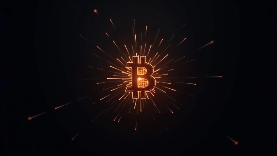 Photorealistic Bitcoin logo with a glowing quantum processor overlay, signaling post-quantum security challenges.