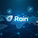 Center-focused photorealistic Rain logo over a global payments network with stablecoins, cards and rails.