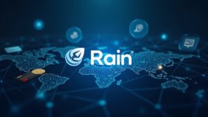 Center-focused photorealistic Rain logo over a global payments network with stablecoins, cards and rails.