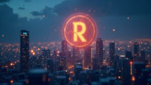 RAIN token symbol rising over city skyline with holographic charts and on-chain data signaling ATH potential and unlock risk.