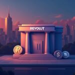 Photorealistic dusk view of Mexico City with a Revolut bank facade, digital currency icons, and a shield for insured deposits