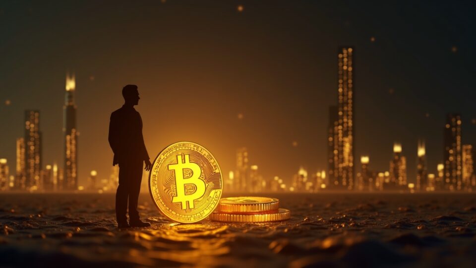 Executive silhouette beside a glowing Bitcoin replacing a gold bar near a Fed tower.