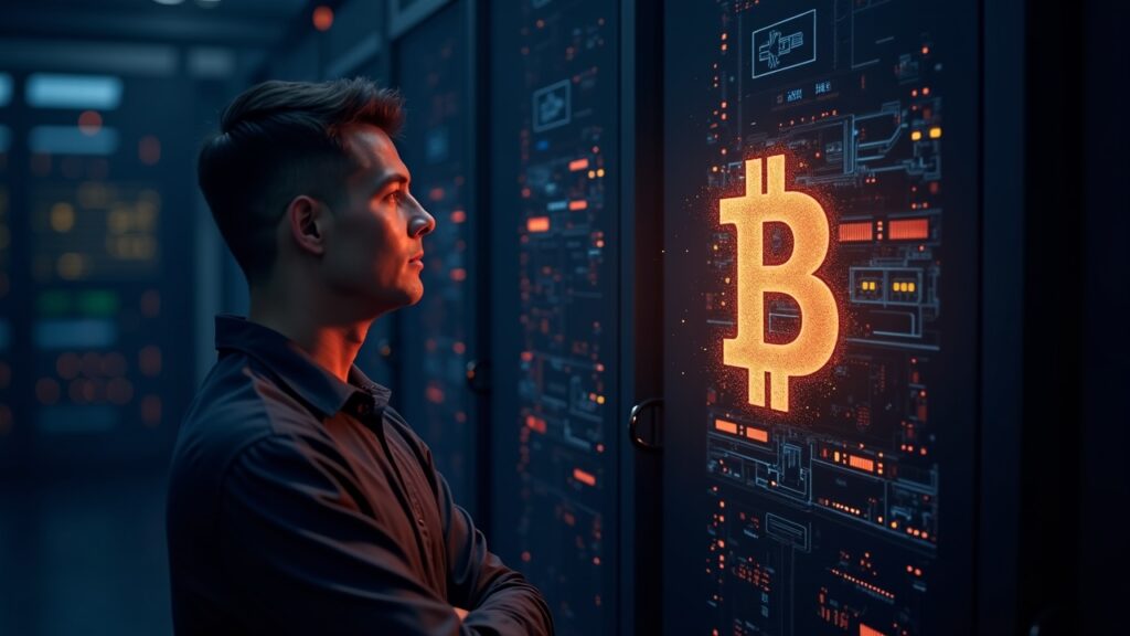 Confident data-center engineer beside a glowing BTC symbol dissolving into AI circuitry in a futuristic HPC server room.