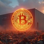 Photorealistic center shot of Riot Rockdale data center with AMD banner; Bitcoin morphing into a land deed.