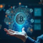 Photorealistic fintech executive views holographic peso-stablecoins display featuring wARS.