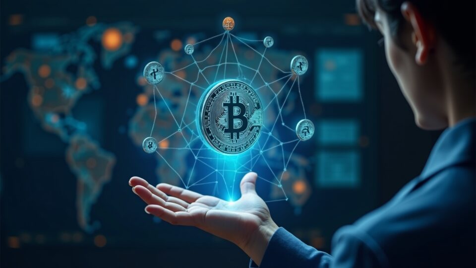 Photorealistic fintech executive views holographic peso-stablecoins display featuring wARS.