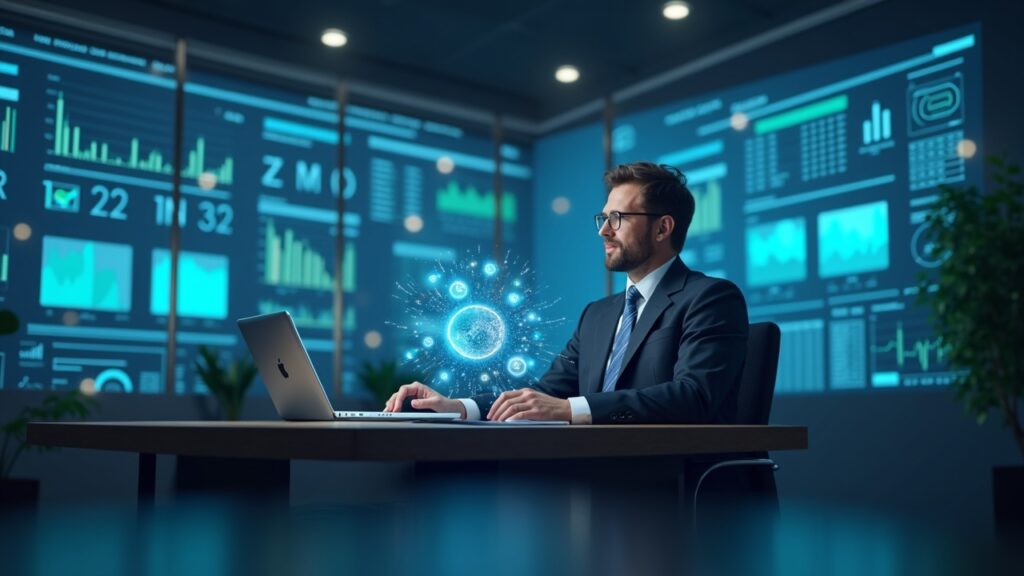 CFO at a modern desk with XRPL ledger holograms and RLUSD rails, illustrating a unified treasury dashboard.