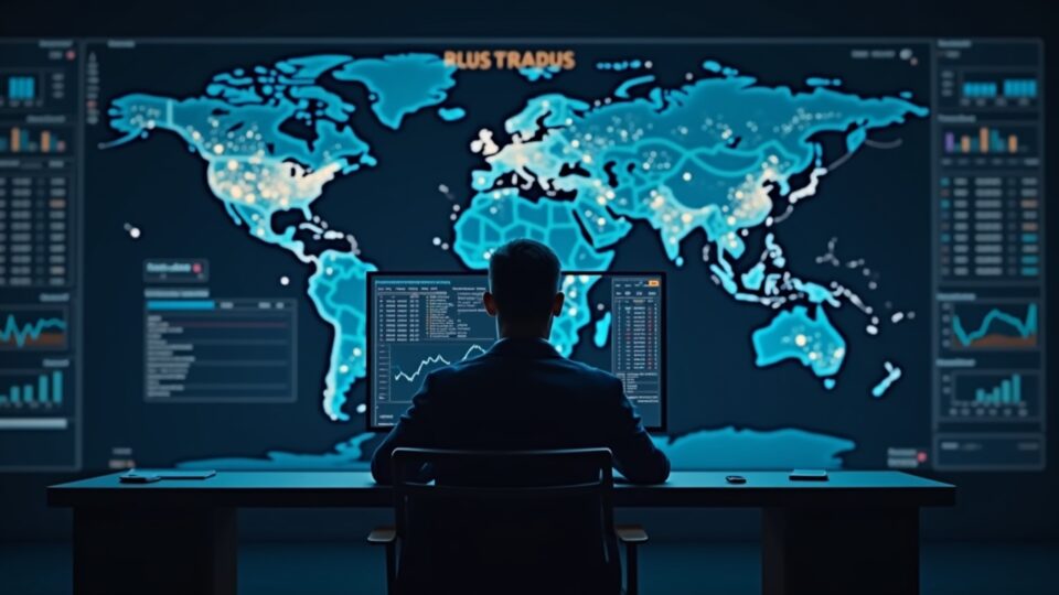 Photorealistic image of a financial professional at a sleek trading desk, RLUSD on screens, cross-asset collateral and global settlement map.