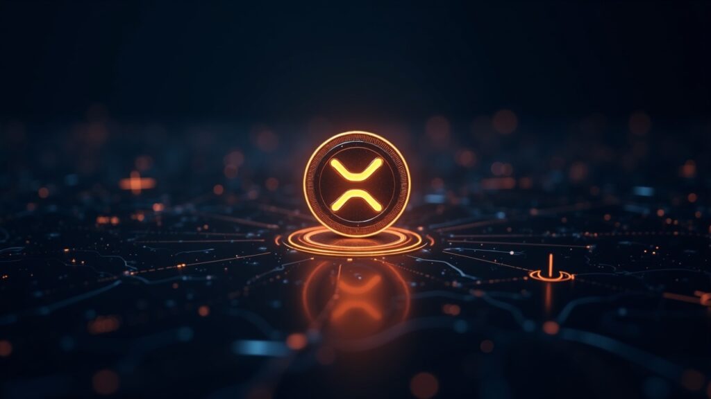 Photorealistic glowing RLUSD token at center within a sleek futuristic financial network, subdued XRP logos in background.