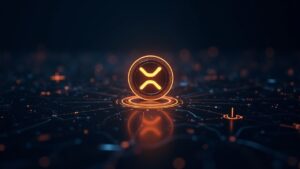 Photorealistic glowing RLUSD token at center within a sleek futuristic financial network, subdued XRP logos in background.