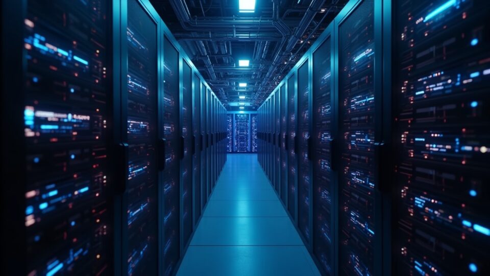 Hyper-realistic data center with Rubin GPUs glowing among interconnected neural networks for Bittensor 2026.