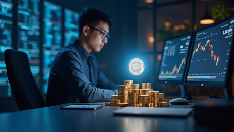 Photorealistic trader at a sleek desk with a SAND hologram and liquidity charts, illustrating supply risk and GameFi trend.