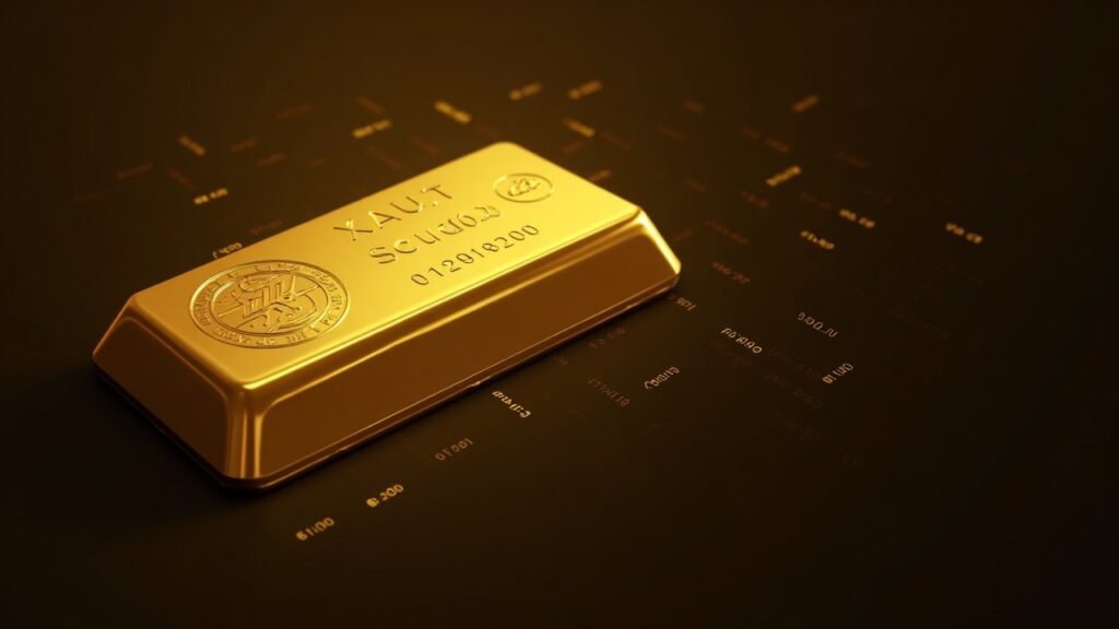 Wallet UI showing XAUt/Scudo beside a gold bar with micro-denomination digits and a blockchain grid.