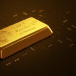 Wallet UI showing XAUt/Scudo beside a gold bar with micro-denomination digits and a blockchain grid.