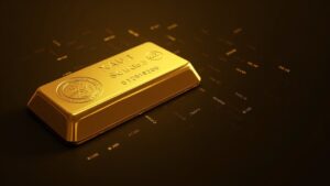 Wallet UI showing XAUt/Scudo beside a gold bar with micro-denomination digits and a blockchain grid.