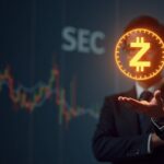 Photorealistic header: center-stage professional with glowing Zcash logo, rising chart, SEC-inspired backdrop.