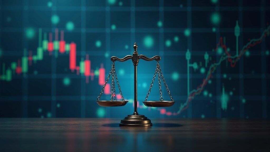 Photorealistic newsroom header showing a blockchain ledger on glass with scales of justice, illustrating SEC's securities-first rule