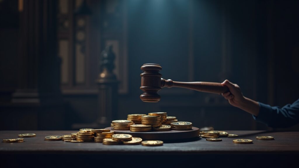 Photorealistic crypto trading desk with digital coin icons, a large gavel, and a Senate chamber backdrop.