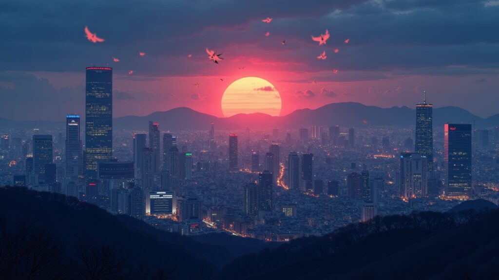 Seoul skyline at dusk with crypto coins flowing offshore under regulatory shield over exchanges, symbolizing capital flight.