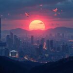 Seoul skyline at dusk with crypto coins flowing offshore under regulatory shield over exchanges, symbolizing capital flight.