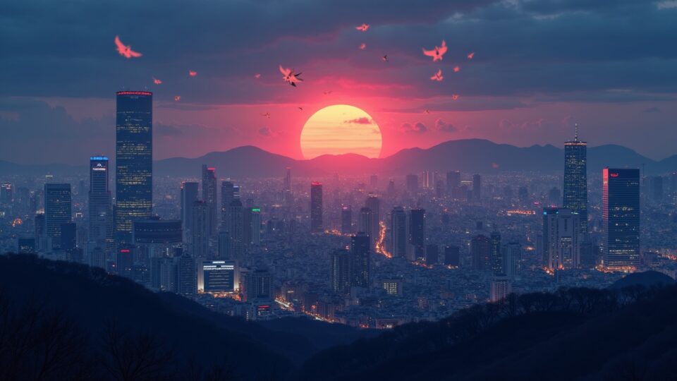 Seoul skyline at dusk with crypto coins flowing offshore under regulatory shield over exchanges, symbolizing capital flight.