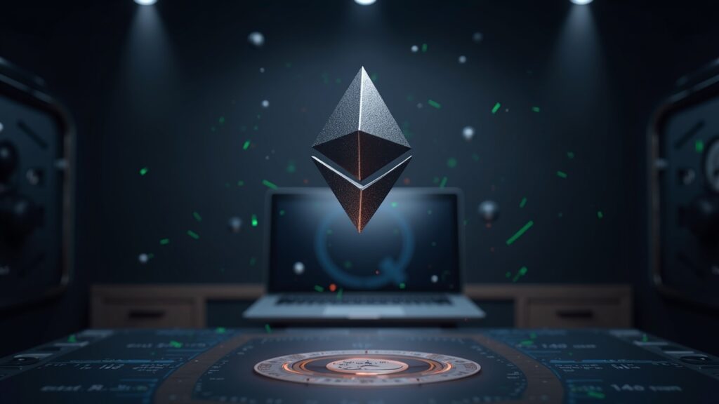 Floating Ethereum orb over a desk with vault imagery and liquidity streams to Linea, signaling institutional ETH treasury.