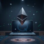 Floating Ethereum orb over a desk with vault imagery and liquidity streams to Linea, signaling institutional ETH treasury.