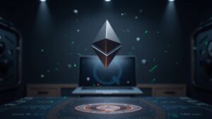 Floating Ethereum orb over a desk with vault imagery and liquidity streams to Linea, signaling institutional ETH treasury.