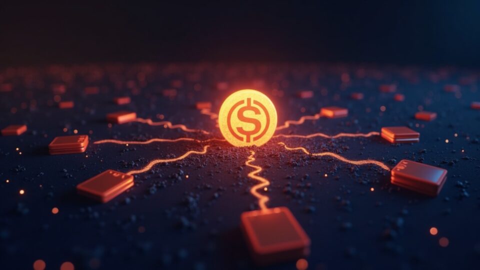 Photoreal Solana scene with SOL logo, 10M wallet icons forming a network, glowing lines over a chart hinting a pullback.