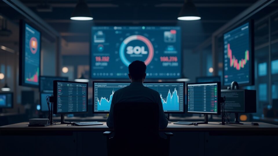 Photorealistic newsroom scene with a trader at center, SOL around $130 and ETF inflows vs leveraged outflows on screens.