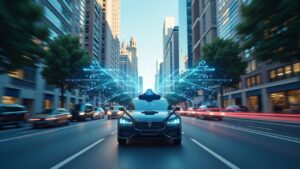 Photoreal street scene with a central autonomous car, data streams, city map overlays, and Valeo dashboards in background.