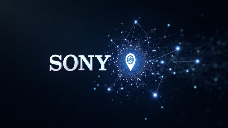 Photorealistic fusion of Sony and Soneium logos connected by a blockchain node network across gaming, music, and film.