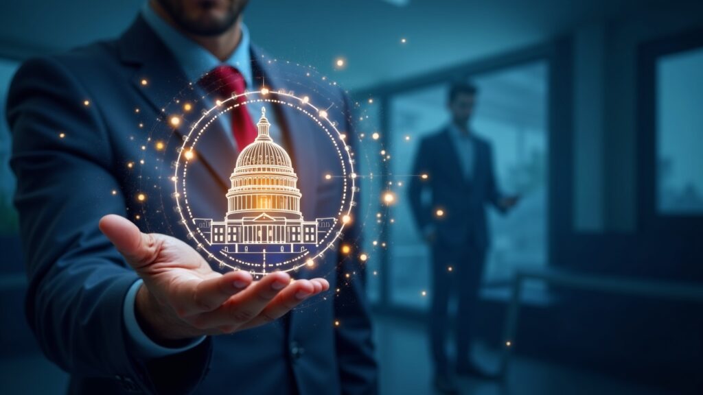 Capitol silhouette with a glowing Bitcoin vault hologram and a lawmaker presenting HB 1155, symbolizing crypto hedging.