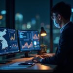 Photorealistic Seoul desk with analyst reviewing Bitcoin ETF dashboards, holographic tickers, and a map of Korea lit by blockchain nodes.