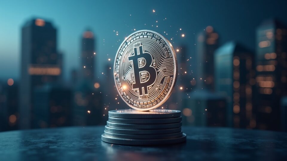 Photorealistic holographic stablecoin hovering above a bank vault with a blurred Seoul skyline.