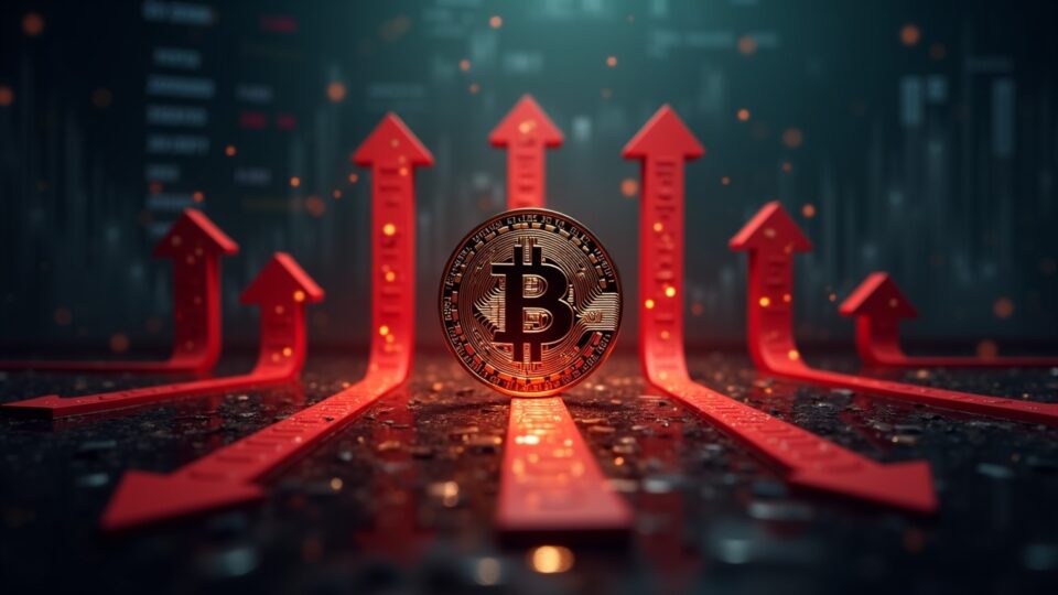 Bitcoin coin with red arrows draining from ETF logos toward a shadowy market horizon, with faint data charts.