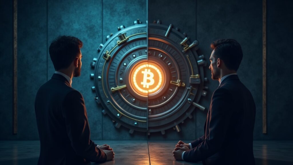 Photoreal header: banker and crypto executive before split scene—bank vault on one side and a glowing stablecoin emblem.