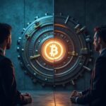 Photoreal header: banker and crypto executive before split scene—bank vault on one side and a glowing stablecoin emblem.