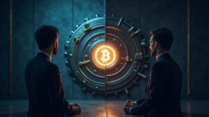 Photoreal header: banker and crypto executive before split scene—bank vault on one side and a glowing stablecoin emblem.