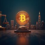 Photorealistic image of a glowing stablecoin above a bank skyline, with faint blockchain circuitry and scales.