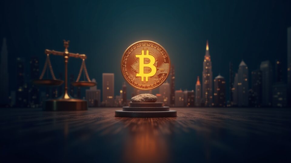Photorealistic image of a glowing stablecoin above a bank skyline, with faint blockchain circuitry and scales.