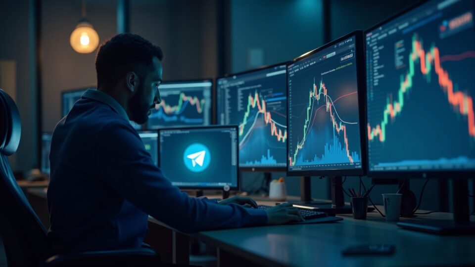 Financial analyst at desk studies monitor of TON price drop and Telegram logo with a holographic chart.