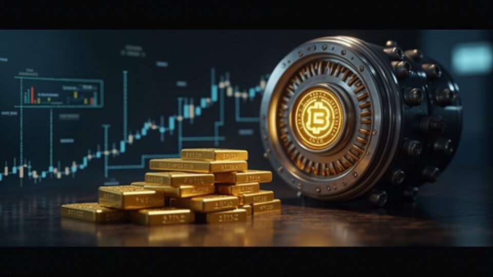 Secure vault with gold bars stamped with the Tether logo, overlaid by a blockchain network and rising charts.