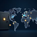 Photorealistic header showing a Bitcoin-backed lending hub with a secure vault, collateral charts, and a global map.