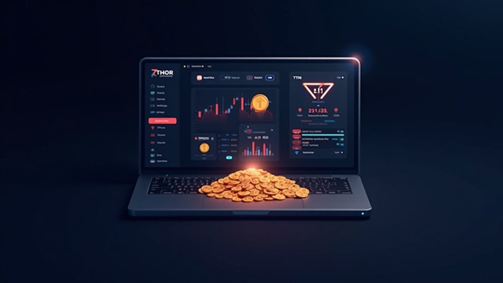 Photorealistic header: THORWallet logo on a sleek trading dashboard as TITN flows into a glowing liquidity pool with a tournament progress bar.