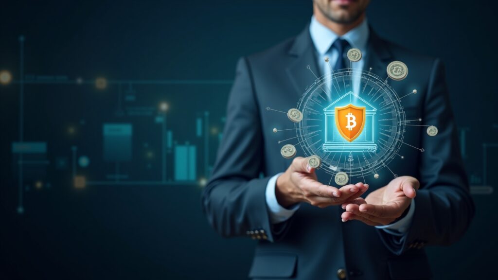 Suited executive as tokens flow from bank vault to a permissioned blockchain, with a regulatory shield and insured cash.