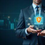 Suited executive as tokens flow from bank vault to a permissioned blockchain, with a regulatory shield and insured cash.